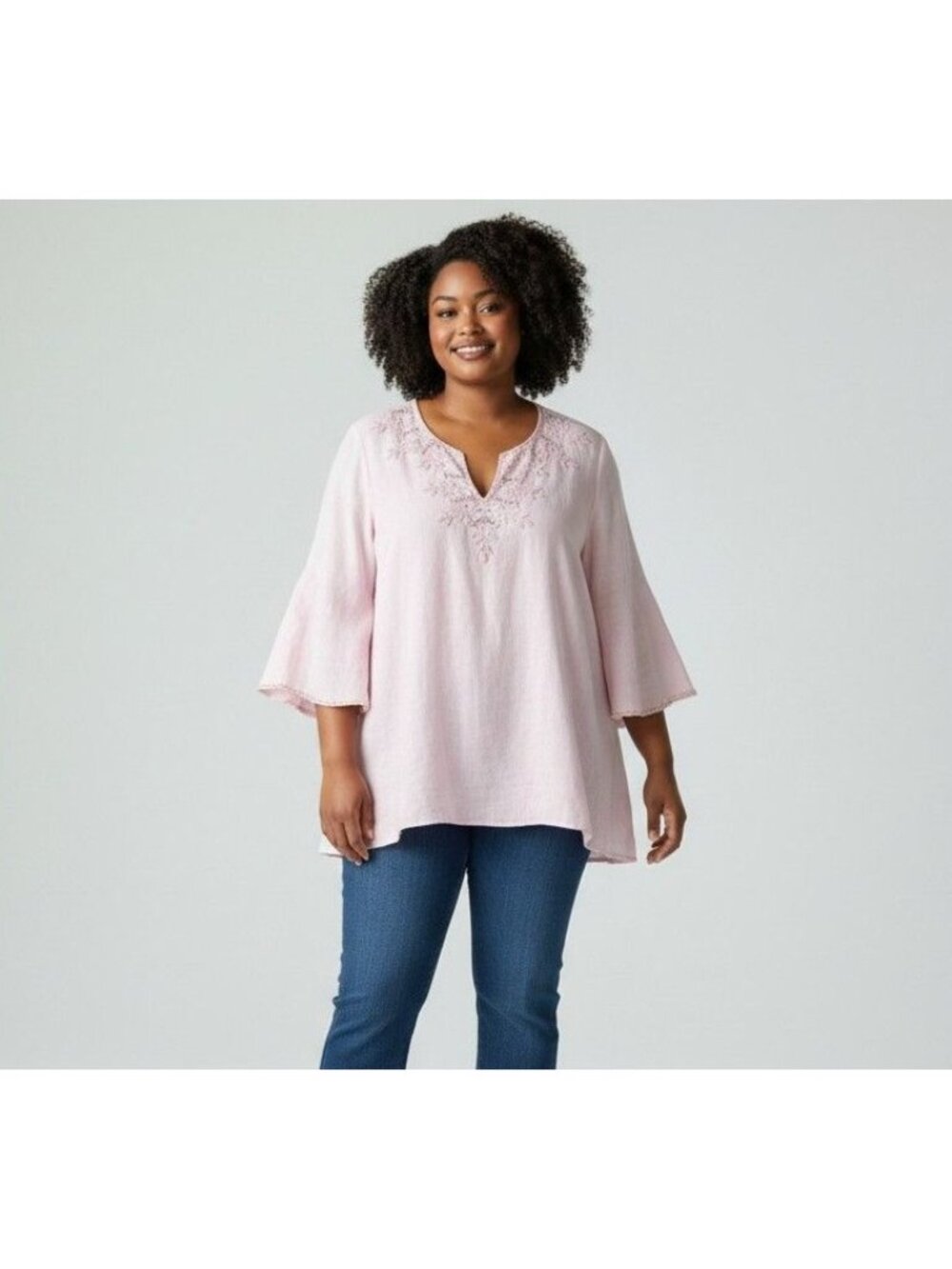 Carole Little Womens 2X Pink Linen Embroidered Split Neck Tunic Top 3/4 Sleeve